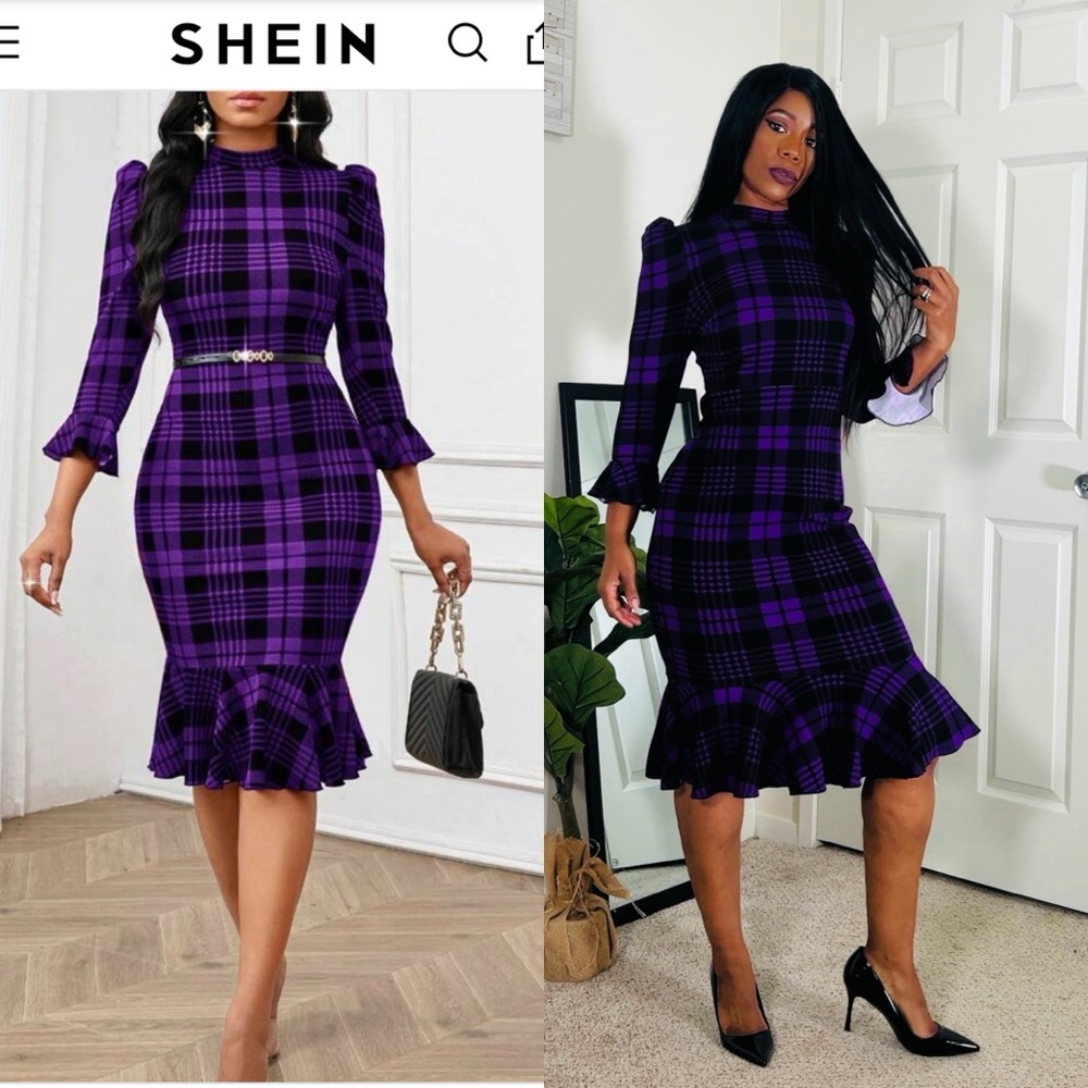 SHEIN Black and Purple Checkered Ruffle Dress